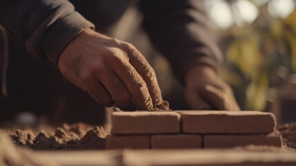 Mason shaping bricks for a new brick wall in a garden. Featuring precision and craftsmanship
