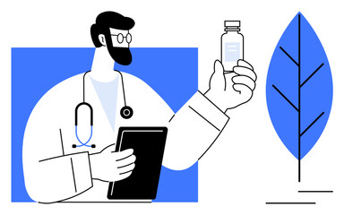 Doctor in lab coat holding vaccine bottle and clipboard beside abstract plant graphic. Ideal for healthcare, vaccination, innovation, sustainability, prevention, medicine, pharmaceutical development
