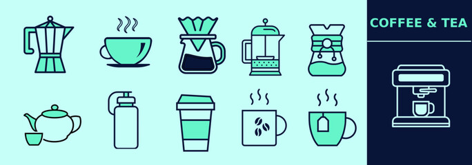 Coffee and tea set of icons with moka, french press, chemex, pour-over, coffee mug, tea cup, teapot, expresso machine. Editable icon elements, size and color; convertible to line icons.
