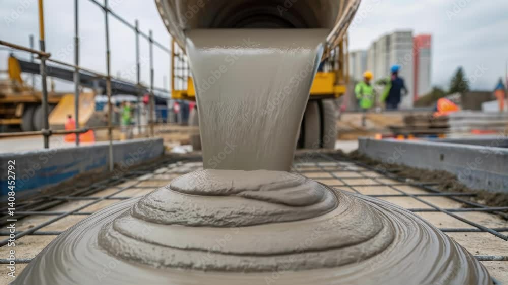 Poster A closeup of freshly mixed concrete being poured from the mixer showcasing its smooth texture and rich gray color against the backdrop of a construction site.