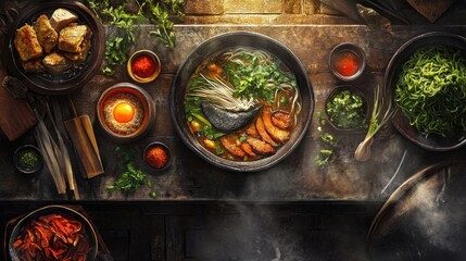 Shoyu Ramen with Vibrant Garnishes and Broth