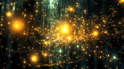Naklejka premium A tapestry of glowing threads woven into the fabric of reality, glowing, tapestry. tapestry. illustration. woven reality. illustration. Glowing Weave. Illustration