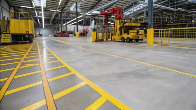 A closeup of vibrant yellow safety markings on the warehouse floor guiding workers and equipment during the crane installation process.