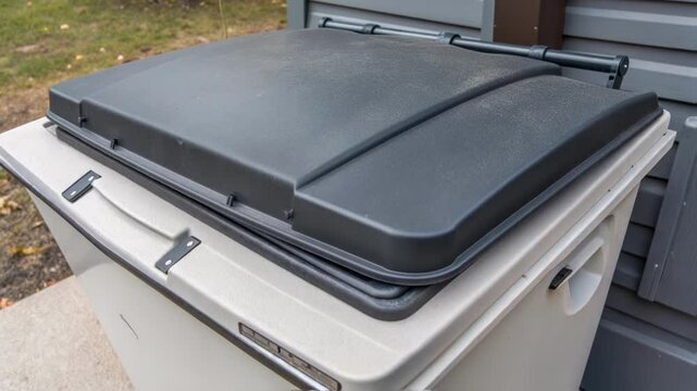 A closeup view of a waste input chute showing its design for efficient waste loading while minimizing spillage during operation.