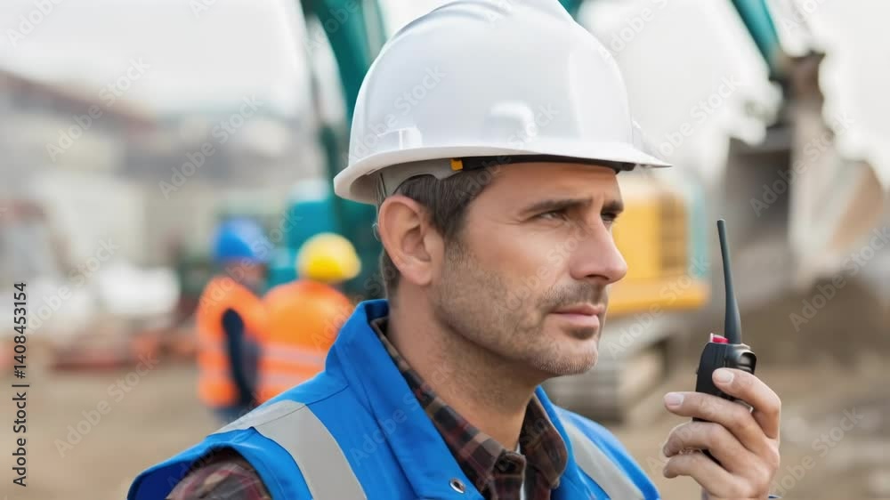 Poster a medium closeup of a construction foreman communicating through a walkietalkie with a blurred backg