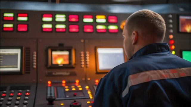 A medium closeup of a control panel featuring various s and screens with an operator focused on initiating a fire suppression test illuminated by soft LED lights.