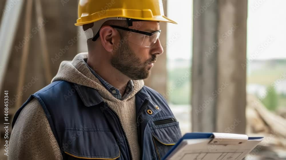 Poster a medium closeup of a laborer wearing a hard hat and safety glasses reviewing blueprints on a clipbo
