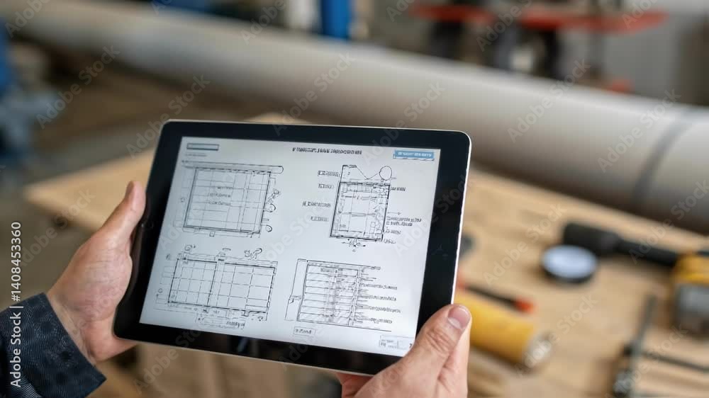 Poster A medium closeup of an engineer reviewing schematic diagrams on a tablet with a segment of a gas pipeline visible in the background illustrating the planning aspect of maintenance.