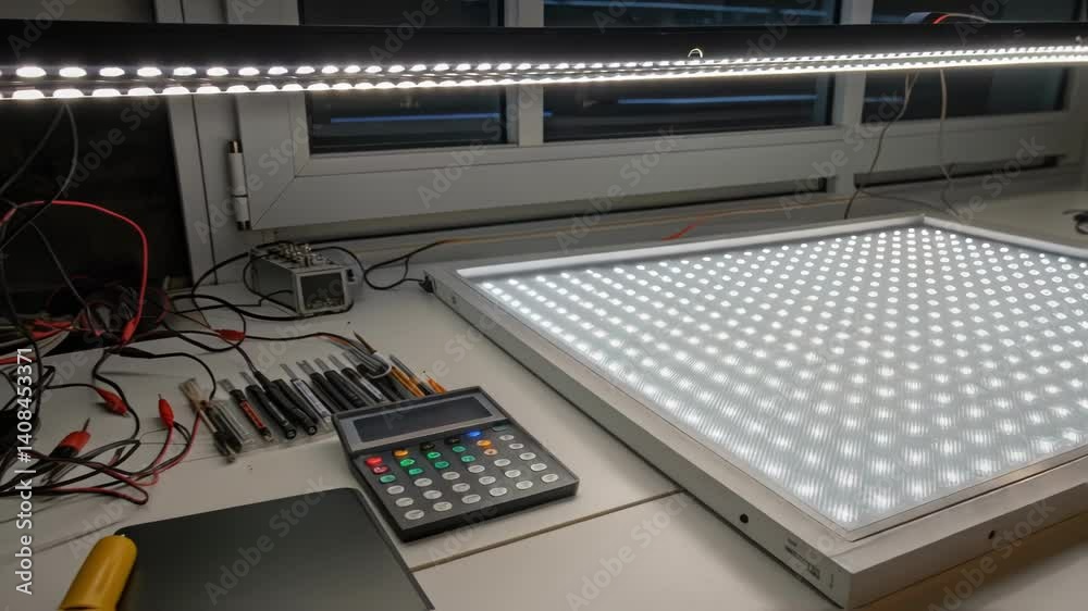 Aufkleber A medium closeup of an illuminated LED panel casting a bright even light across a workspace highlighting the sharp lines and clean aesthetics of the installation.