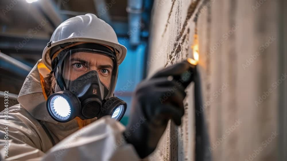 Poster a medium closeup of an industrial worker wearing protective gear focused intently while inspecting a