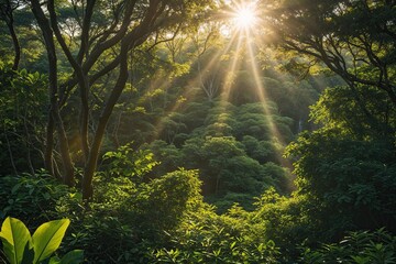 Obraz premium Sunlight Filtering Through Lush Thickets A Vibrant Habitat Abundant with Diverse Foliage and Wildlife