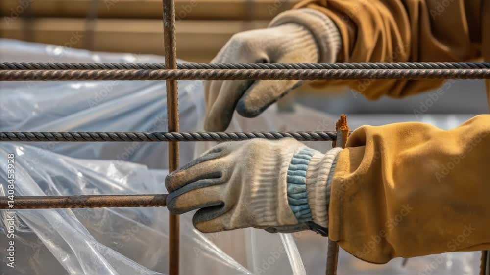 Poster closeup of a workers gloves pulling heavyduty wires to secure plastic sheeting over the frame emphas