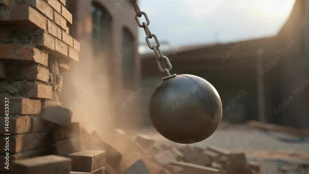 Poster closeup of a wrecking ball swinging through the air captured just before impact with a factory struc