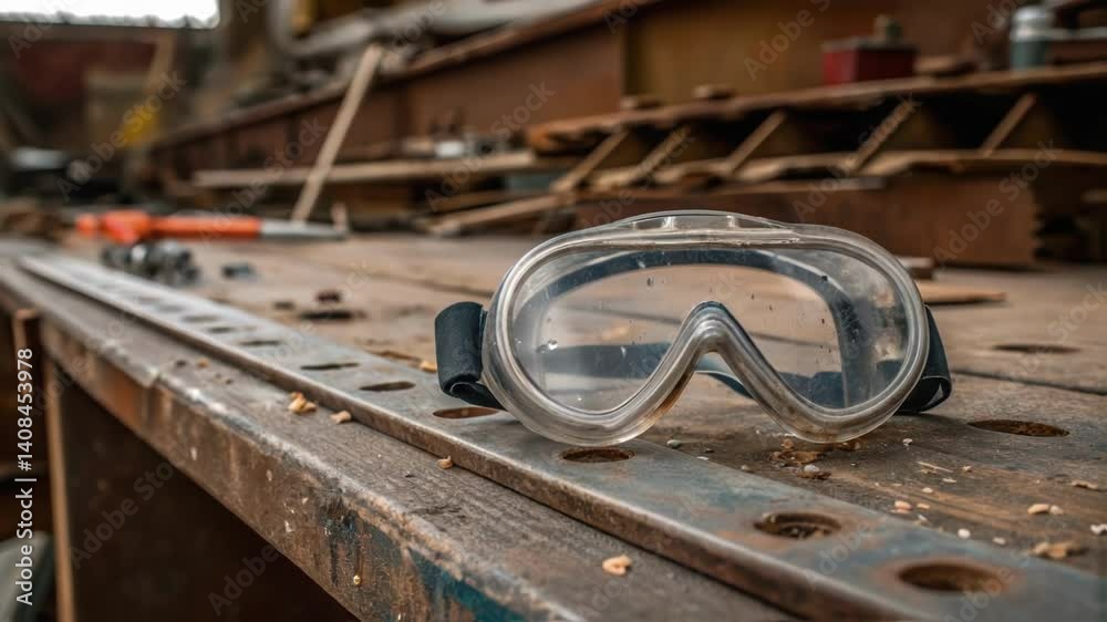 Poster closeup of protective goggles resting on a shipyard workers forehead with metal shavings and ship pa