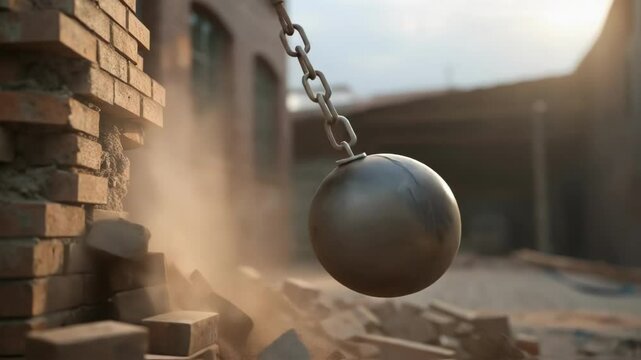 Closeup of a wrecking ball swinging through the air captured just before impact with a factory structure the force of the metal sphere poised to shatter aged bricks.