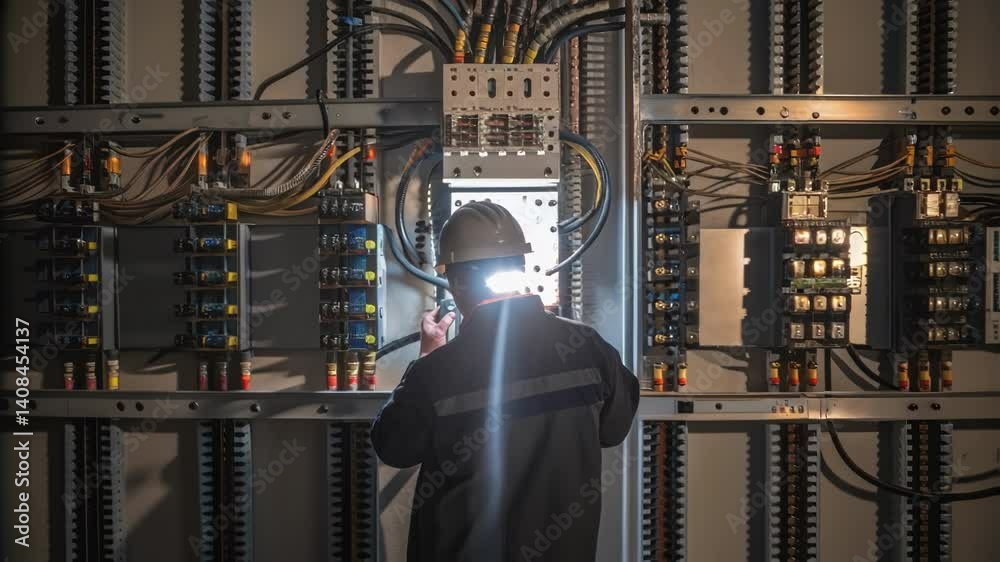 Aufkleber Medium closeup of a technician verifying connections with a flashlight casting shadows across the complex wiring and circuit breakers within the substation framework.