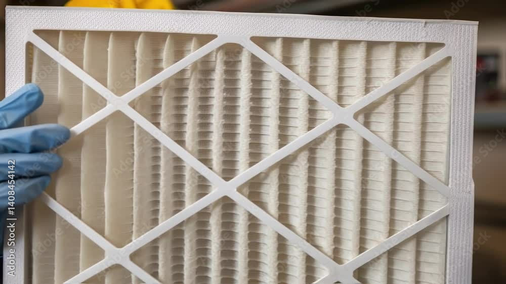 Poster medium closeup of a worker wearing protective gear while fitting a hepa filter into position showcas