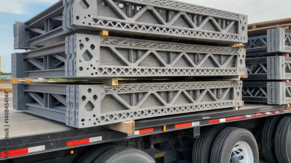 Aufkleber Medium closeup of modular bridge sections stacked on a flatbed trailer revealing intricate designs and the complexity of the materials used.