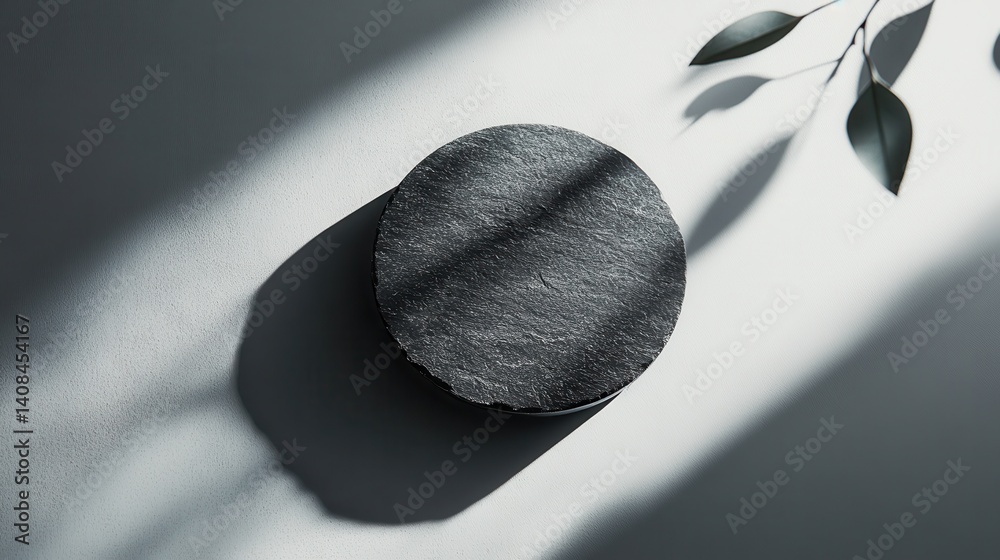 Poster Elegant black bowl on a minimalist surface illuminated by natural light with soft shadows, creating a serene and modern atmosphere in a contemporary setting