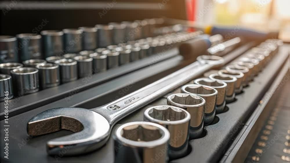 Aufkleber Chrome sockets and precision engineered wrenches neatly arranged within professional grade toolbox, showcasing metal storage solution for automotive repair and mechanical maintenance work