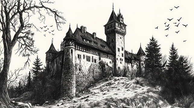 Pencil drawing of drakula castle, transylvania, romania. Twilight Engraving. Illustration