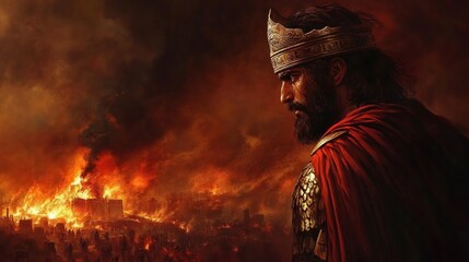 Alexander ordering the burning of Persepolis, flames rising behind him, conflict of conquest and regret in his expression