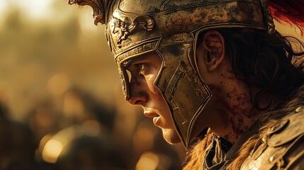 Cinematic side-profile portrait of Alexander the Great wearing his lion helmet, battle-scarred but determined 