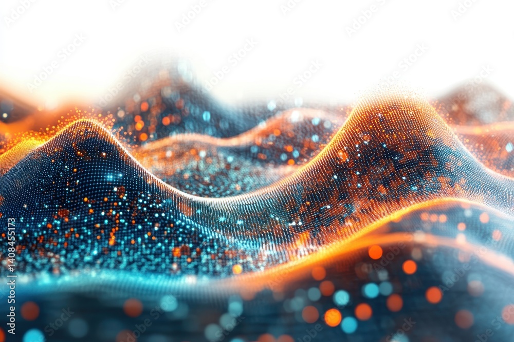 Poster Visual representation of abstract data patterns resembling waves with vibrant colors and dynamic textures in a digital environment