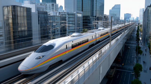 Experience the exhilarating speed of a bullet train soaring gracefully on elevated scenic tracks remarkably.