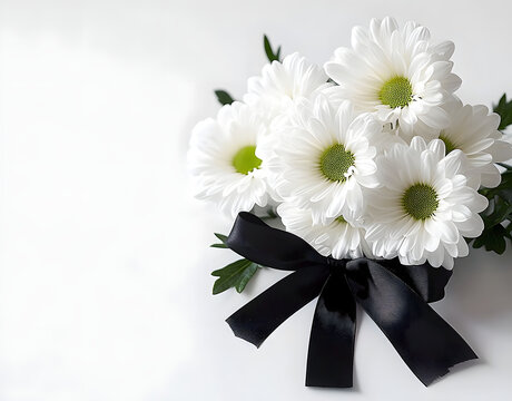 white chrysanthemums or daisies with black ribbon on white background template banner funeral mourner symbol for obituary farewell services condolences and funeral invitation with space for text