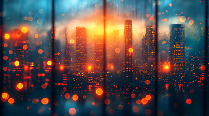 Obraz premium Rain Streaked Window Urban Night Lights Bokeh, Dramatic Cityscape View.