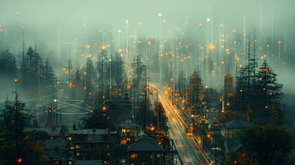 Obraz premium Enchanted Night City Mystic Forest Road with Futuristic Lights.