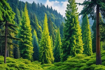 Fototapeta premium Lush Evergreen Forest with Majestic Spruce Fir and Pine Trees