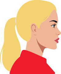 Profile view of a woman with blonde hair in a red shirt, showcasing a minimal and modern design style in vector art