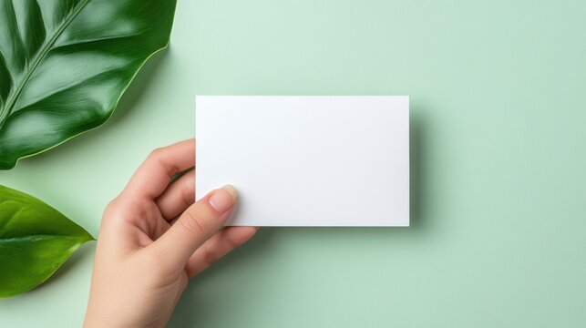 Hand Holding Blank Business Card Against Light Green Background with Tropical Leaves for Mockup Presentation - Powered by Adobe