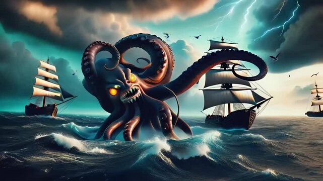 A monstrous sea creature with glowing eyes and massive tentacles emerges from turbulent ocean waves, confronting terrified sailors on wooden ships under a stormy, ominous sky. 