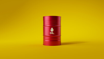 Single red metal oil barrel on yellow background. Front view. Oil industry concept. 3d render illustration