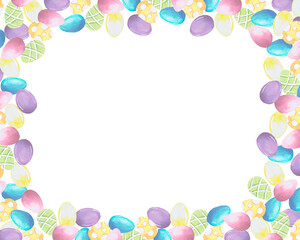Frame with Easter eggs watercolor illustration isolated on white. Color eggs hand drawn in pastel tones for Easter cards, packaging and holiday decor