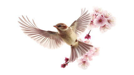 Obraz premium A bird is flying over a pink flower. The bird is small and brown. The flower is pink and has a delicate appearance. Concept of freedom and beauty