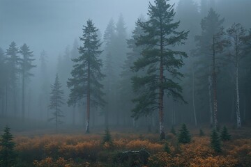 Fototapeta premium Misty Forest Landscape with Vibrant Spruce Woodlands and Lush Timberland