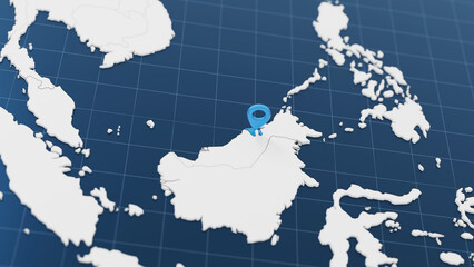 Blue Brunei 3d map with pointer pin surrounded with other countries in white. Political map with borders. 3d render illustration