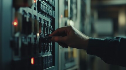 Electrician testing circuit breakers in a control panel. Featuring technical precision and focus