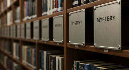 Wooden Bookshelf With Mystery Genre Section In The Library