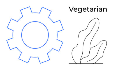 Abstract gear and minimalist plant outline under Vegetarian text. Ideal for technology, sustainability, vegetarianism, eco-living, balance, innovation, simple landing page