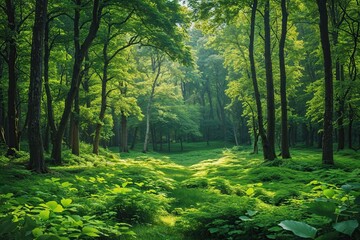Obraz premium Vibrant Green Forest Background for Spring and Summer Scenes