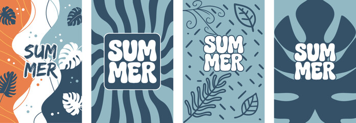 Vector Illustration of Summer Poster Design Bundle Featuring Tropical Leaves, Bold Typography, and Vibrant Patterns for Seasonal and Creative Projects