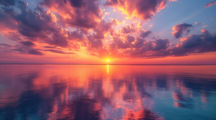 Purple Sunset on Ocean Dramatic Cloud Reflections, Peaceful Seascape.