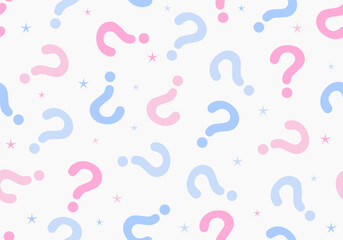 Seamless pattern. Gender party blue and pink background for a gender reveal theme, perfect for baby shower invitations, announcements, or creative party designs. Question mark background