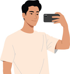Young man smiling while taking a selfie in a casual t-shirt, flat vector illustration capturing a cheerful mood and modern lifestyle