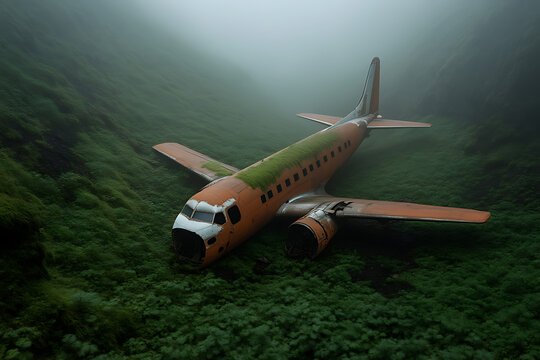 Wreckage of an old plane laying in a dense patch of green foliage. The scene is mysterious and evokes a sense of abandonment and forgotten history. - Powered by Adobe